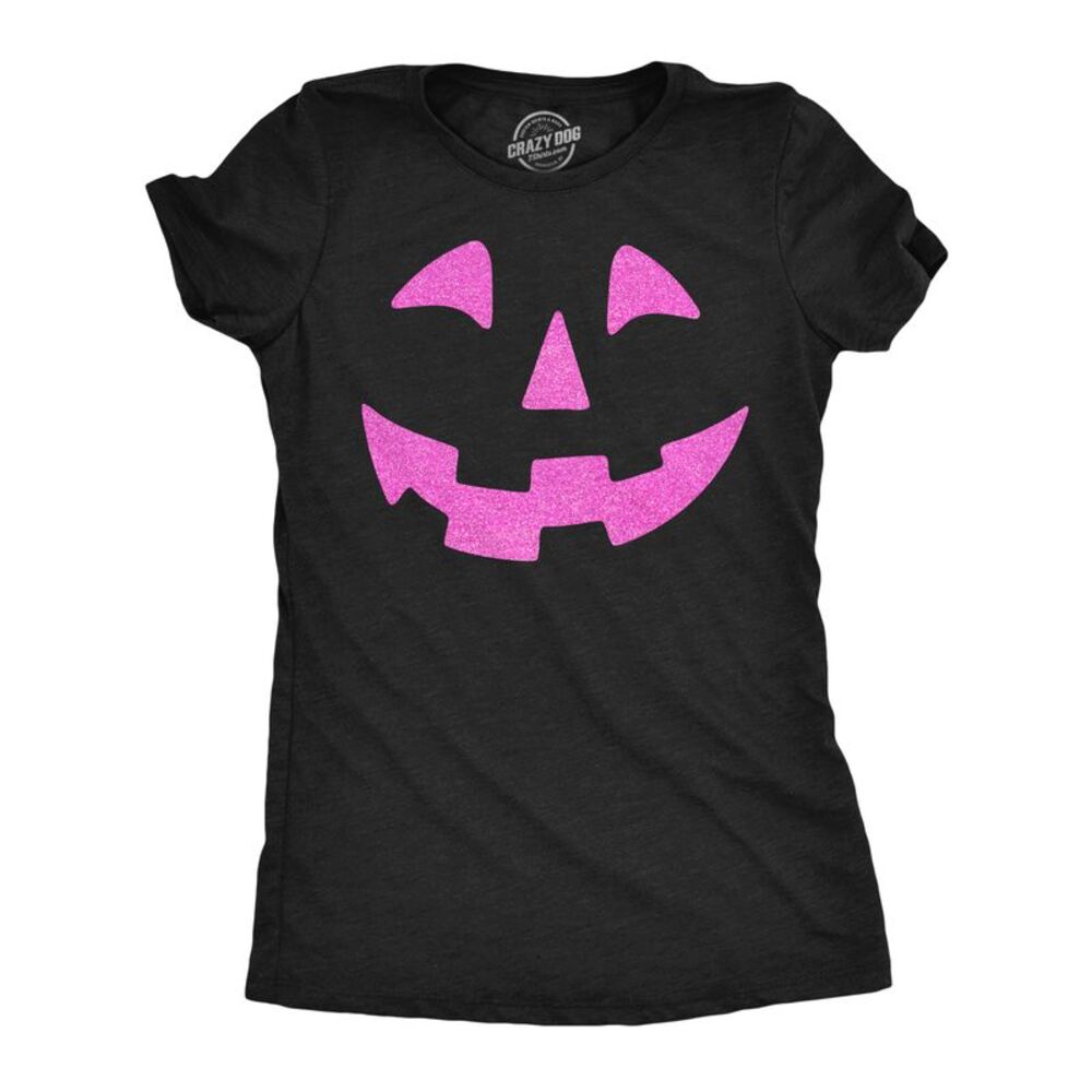 Womens T Shirt Pink Glitter Pumpkin Face Halloween Tee For Ladies